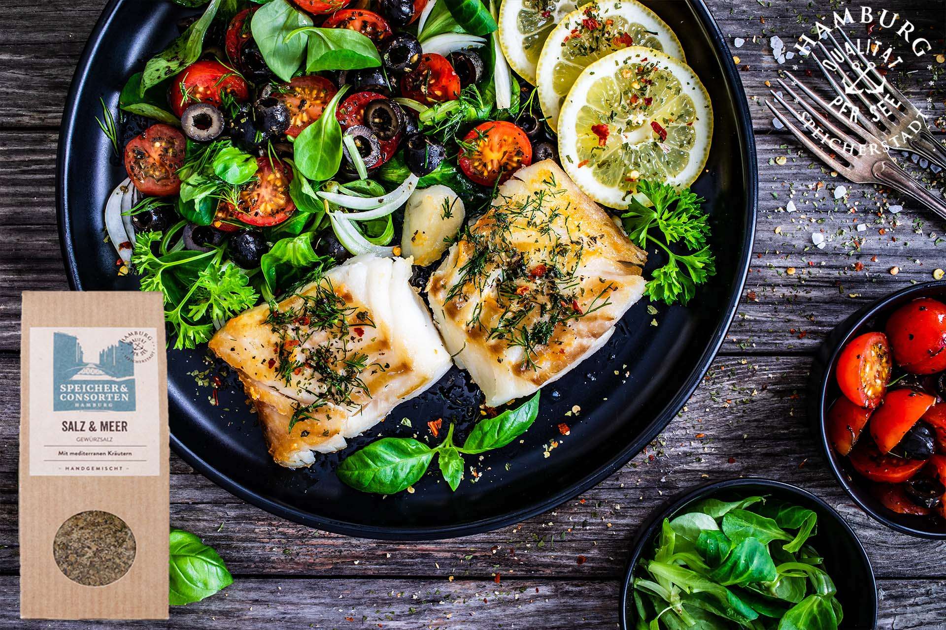 Speicher & consorten Dorschfilet mit Salat und Salz & Meer Gewürzsalzmischung