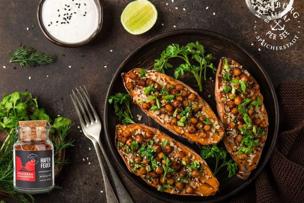 Süßkartoffel gefüllt Quinoa Hafen Feuer Gewürzmischung Speicher & Consorten