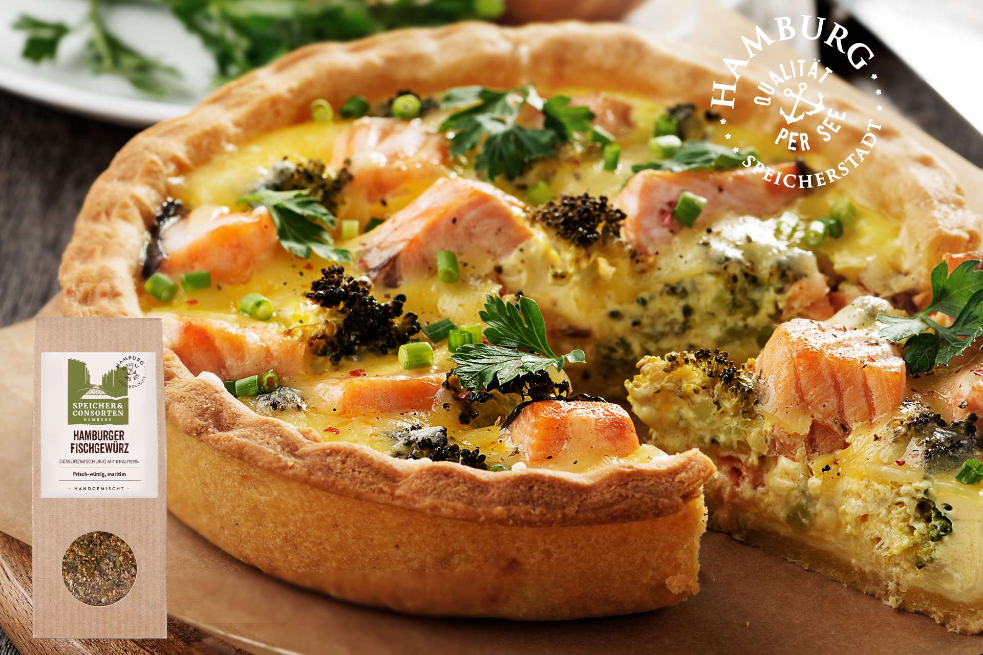 Lachs Quiche Brokkoli Hamburger fischgewürz Speicher & Consorten Rezept