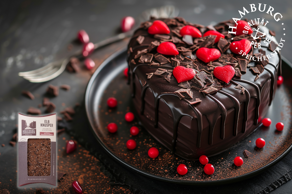 Schokokuchen in Herzform mit Elbknusperschokolade von Speicher & Consorten